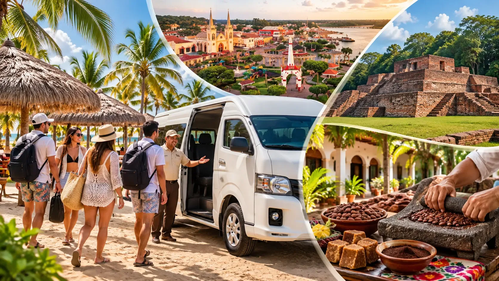 Ilustración de un tour: camioneta frente al mar, pueblo a orillas del río, zona arqueológica y cacao